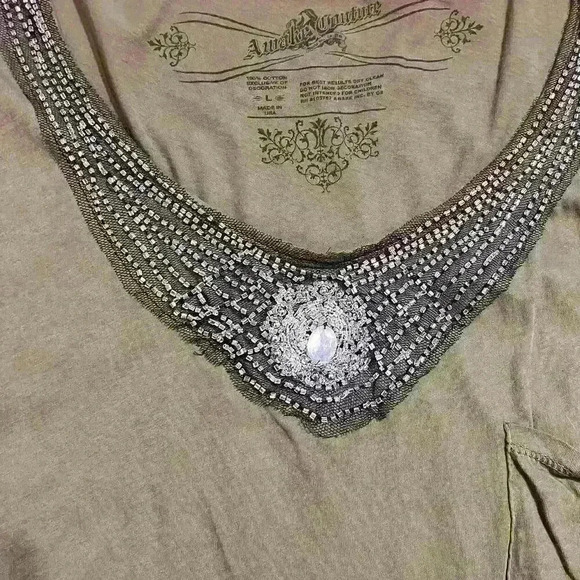 Awake Couture Green Beaded Embellished Blouse Top Size Large Short Sleeve Pocket - Picture 6 of 7